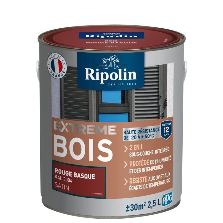 Peinture Extreme bois - Rouge basque RAL 3004 satin - RIPOLIN - 2,5 L Peinture Extreme bois - Rouge basque RAL 3004 satin - RIPOLIN - 2,5 L