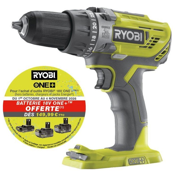 RYOBI Perceuse à percussion 18V ONE+ - sans batterie ni chargeur - R18PD3-0 RYOBI Perceuse à percussion 18V ONE+ - sans batterie ni chargeur - R18PD3-0