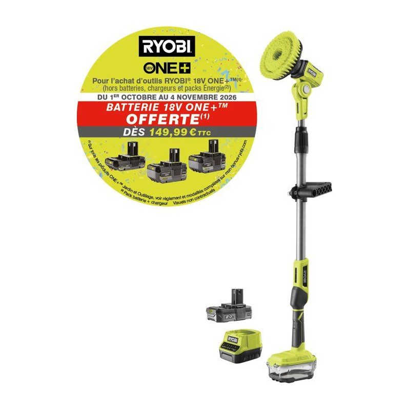 RYOBI Brosse télescopique 18V ONE+ nettoyage multisurface - batterie