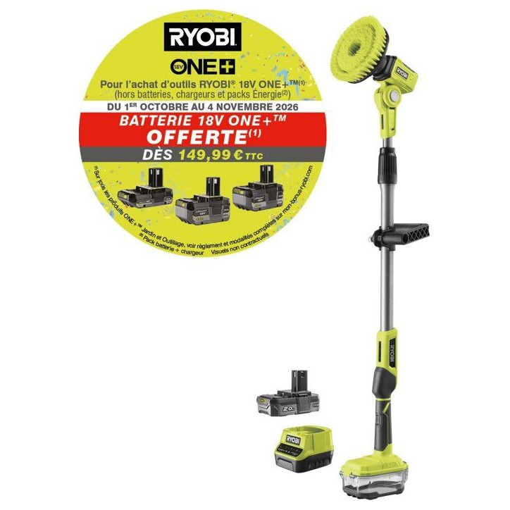 RYOBI Brosse télescopique 18V ONE+ nettoyage multisurface - batterie 2Ah + chargeur - R18TPS-120G RYOBI Brosse télescopique 18V ONE+ nettoyage multisurface - batterie 2Ah + chargeur - R18TPS-120G