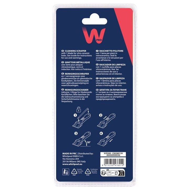 Grattoir plaque vitrocéramique - WPRO - SCR300 - Anti-rayures - Élimine résidus - Inox
