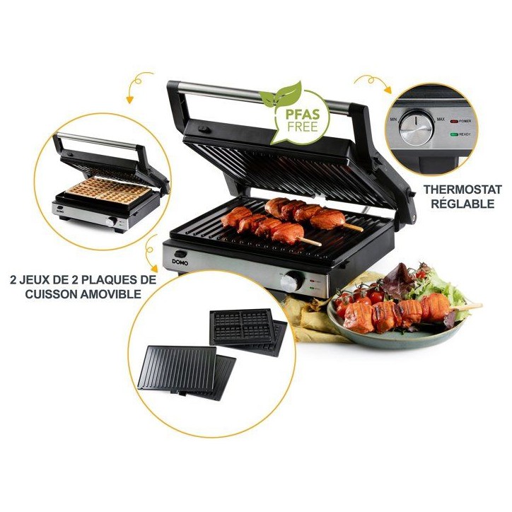 Gril de contact multifonction 2 en 1 - DOMO - DO9287G - Gril et gaufrier - Plaques amovibles - 1800 W Gril de contact multifonction 2 en 1 - DOMO - DO9287G - Gril et gaufrier - Plaques amovibles - 1800 W