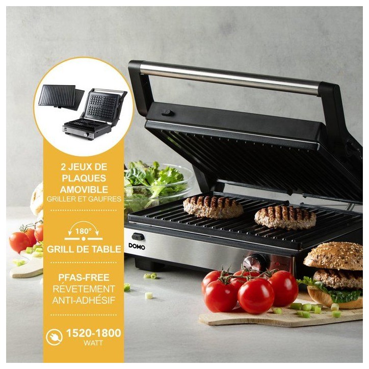 Gril de contact multifonction 2 en 1 - DOMO - DO9287G - Gril et gaufrier - Plaques amovibles - 1800 W Gril de contact multifonction 2 en 1 - DOMO - DO9287G - Gril et gaufrier - Plaques amovibles - 1800 W