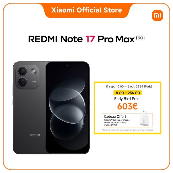 Smartphone - XIAOMI - Redmi Note 17 Pro Max 5G - 8Go RAM - 256Go - Noir