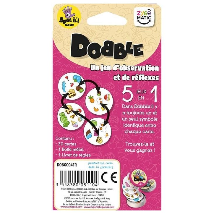 ZYGOMATIC – Dobble Gourmandise – jeu observation et rapidité – des 6 ans – 2 a 8 joueurs – boîte métal 30 cartes ZYGOMATIC – Dobble Gourmandise – jeu observation et rapidité – des 6 ans – 2 a 8 joueurs – boîte métal 30 cartes