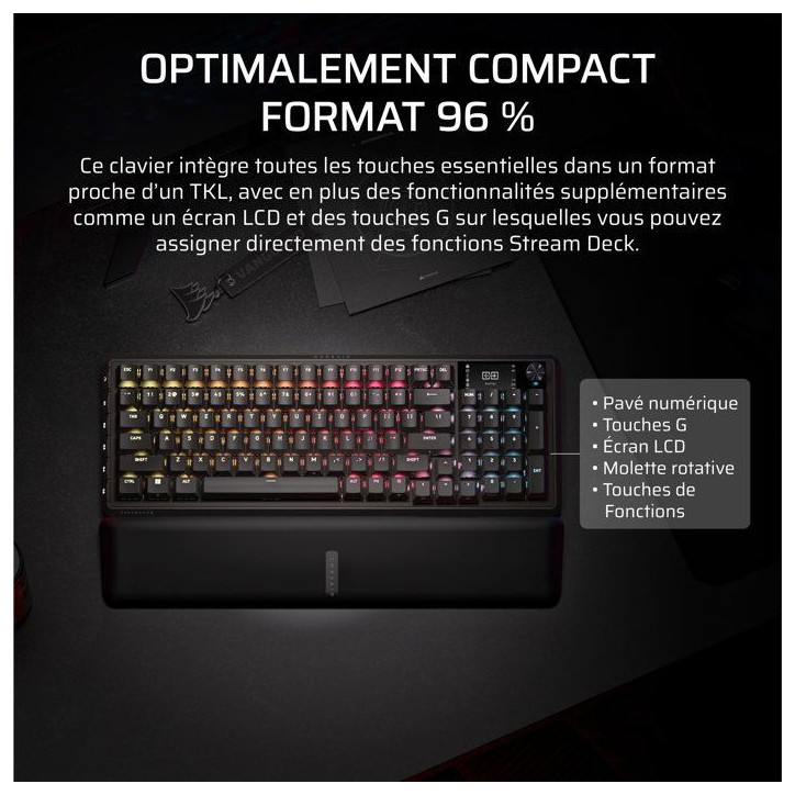Clavier Gamer - Mécanique MLX Plasma - Corsair - VANGUARD 96 WIRELESS - 96% Sans Fil - RGB Noir