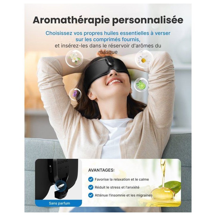Masque de sommeil - RENPHO - Eyesnooze Aroma GS003 - Aromathérapie - Bluetooth - Chauffant - Noir