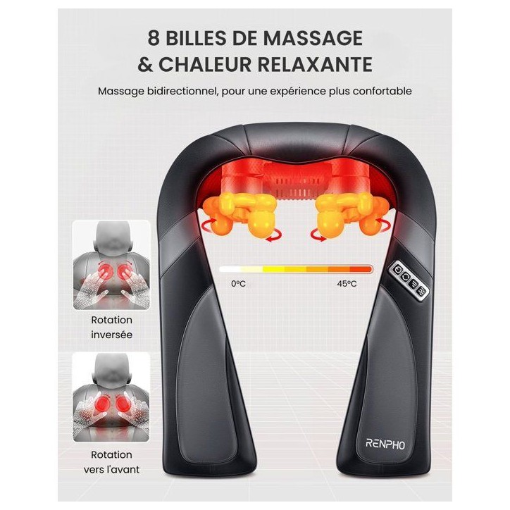 Masseur cervical Shiatsu - RENPHO - U-Neck Go SNM067 - Chauffant - 8 noeuds - 3 intensités - Noir