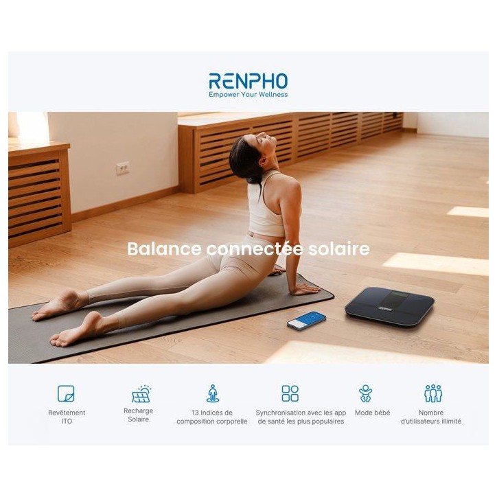 Pese-personne impédancemetre connecté - RENPHO - Elis Solar 2 A020 - Bluetooth - Recharge solaire - Noir