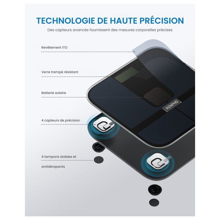Pese-personne impédancemetre connecté - RENPHO - Elis Solar 2 A020 - Bluetooth - Recharge solaire - Noir