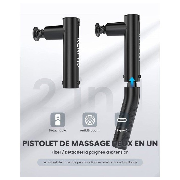 Pistolet de massage - RENPHO - Extend C004 - Poignée extensible - 4 tetes - 4 intensités - Amplitude 8 mm - Noir Pistolet de massage - RENPHO - Extend C004 - Poignée extensible - 4 tetes - 4 intensités - Amplitude 8 mm - Noir