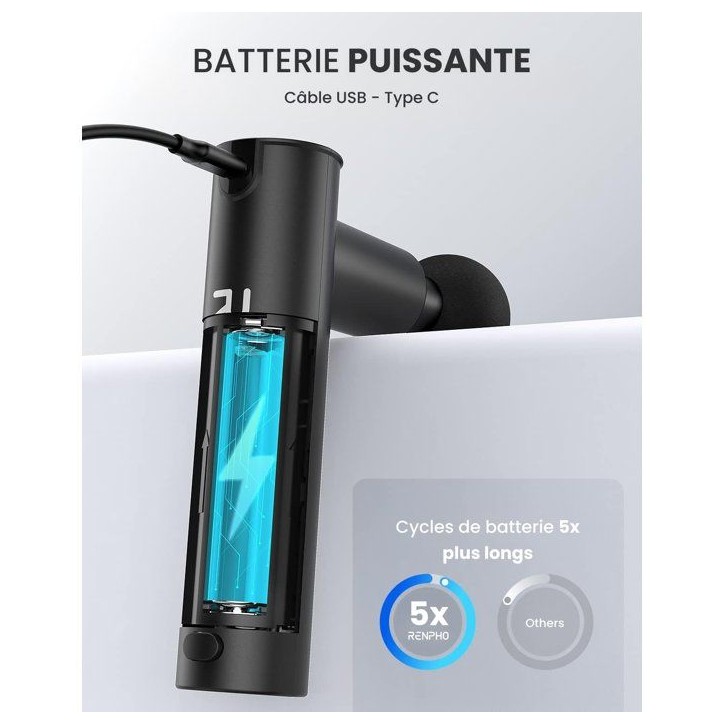 Pistolet de massage - RENPHO - Extend C004 - Poignée extensible - 4 tetes - 4 intensités - Amplitude 8 mm - Noir Pistolet de massage - RENPHO - Extend C004 - Poignée extensible - 4 tetes - 4 intensités - Amplitude 8 mm - Noir