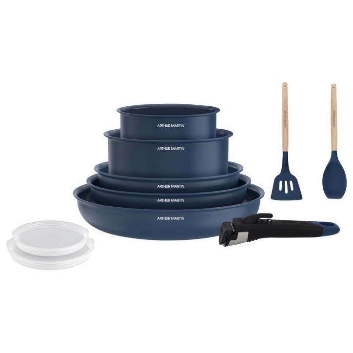 Batterie de cuisine - Tous feux dont induction - ARTHUR MARTIN – Revetement céramique - 10 pieces - Poignée amovible - Bleu