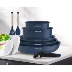 Batterie de cuisine - Tous feux dont induction - ARTHUR MARTIN – Revetement céramique - 10 pieces - Poignée amovible - Bleu