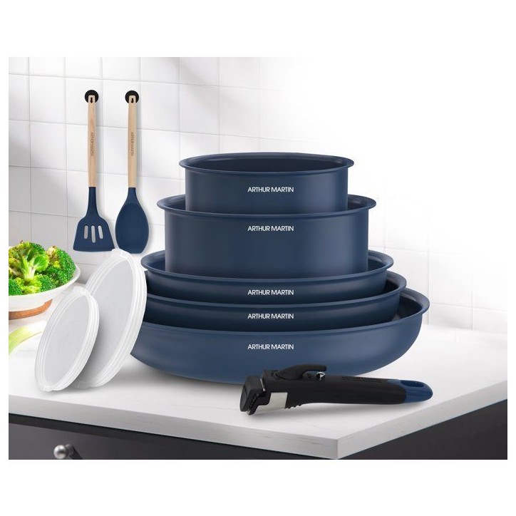 Batterie de cuisine - Tous feux dont induction - ARTHUR MARTIN – Revetement céramique - 10 pieces - Poignée amovible - Bleu