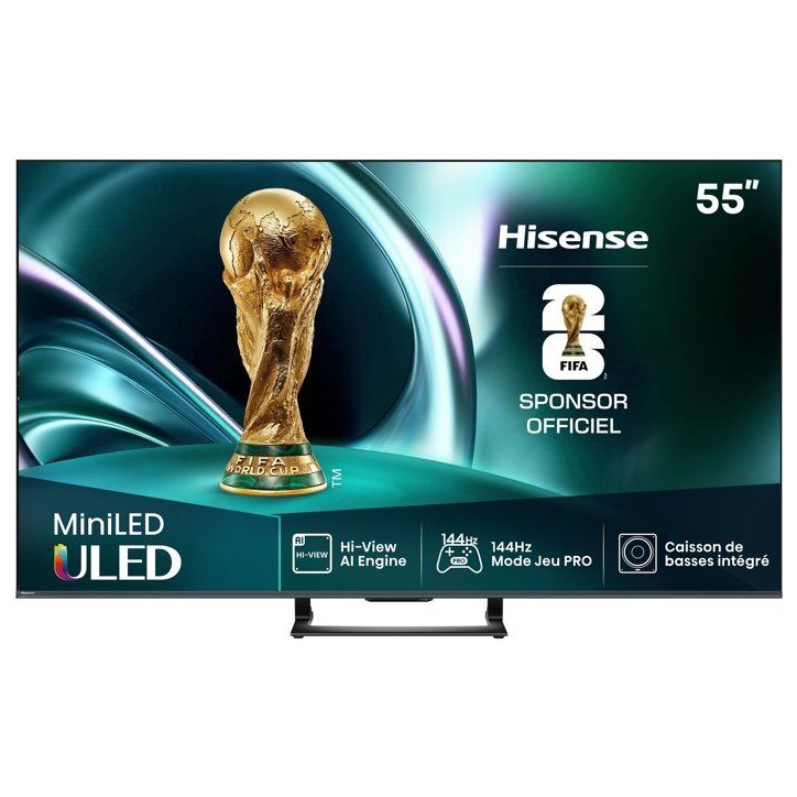 Hisense 55U7Q - TV MiniLED QLED 55 (215 cm) - 4K UHD 3840x2160 - 144 Hz - Dolby Vision IQ - Smart TV - Caisson basses intégré Hisense 55U7Q - TV MiniLED QLED 55 (215 cm) - 4K UHD 3840x2160 - 144 Hz - Dolby Vision IQ - Smart TV - Caisson basses intégré