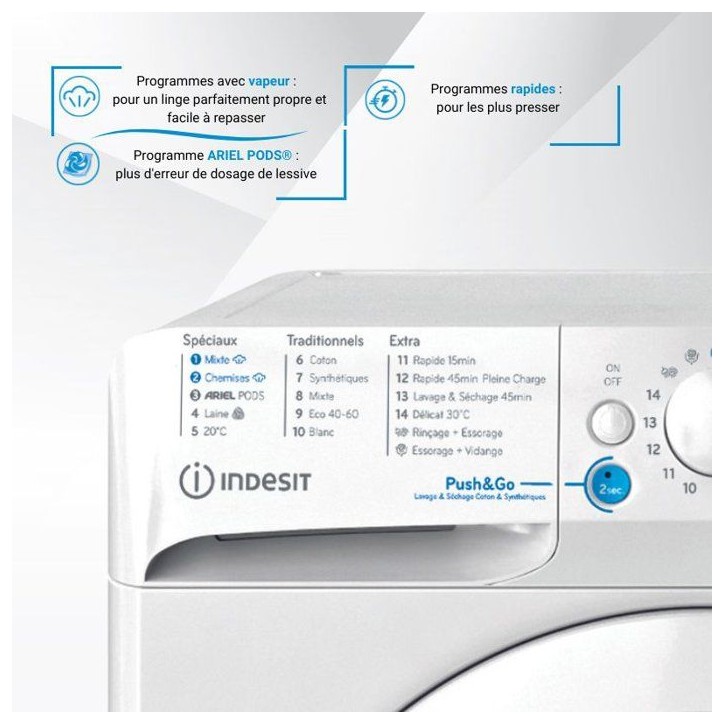 Lave-linge séchant Indesit BDE107448WKVFR - 10 / 7 kg - Induction - 1400 trs/min - Blanc Lave-linge séchant Indesit BDE107448WKVFR - 10 / 7 kg - Induction - 1400 trs/min - Blanc