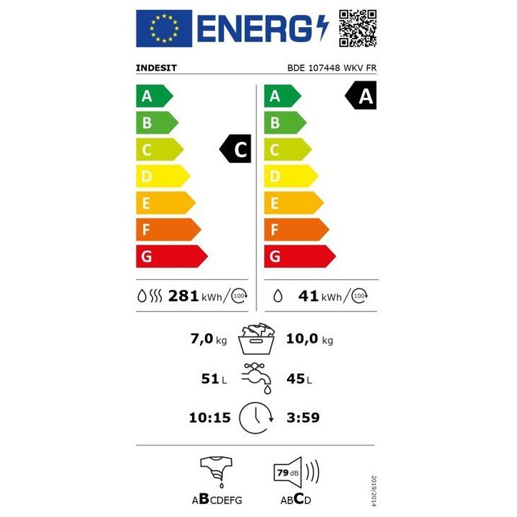 Lave-linge séchant Indesit BDE107448WKVFR - 10 / 7 kg - Induction - 1400 trs/min - Blanc Lave-linge séchant Indesit BDE107448WKVFR - 10 / 7 kg - Induction - 1400 trs/min - Blanc