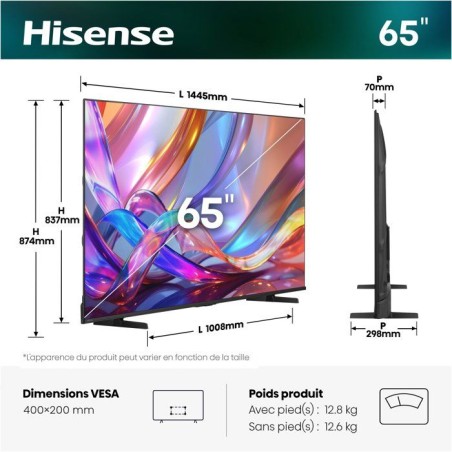 Hisense 65E7S - TV QLED 65 (164 cm) - 4K UHD 3840x2160 - HDR10+ - Smart TV - 3xHDMI 2.1 - WiFi