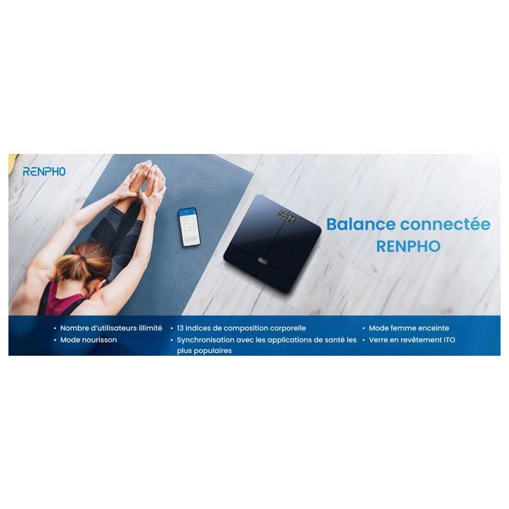 Pese-personne impédancemetre connecté - RENPHO - Elis 2 A016 - Bluetooth - 13 mesures - Verre ITO - Noir