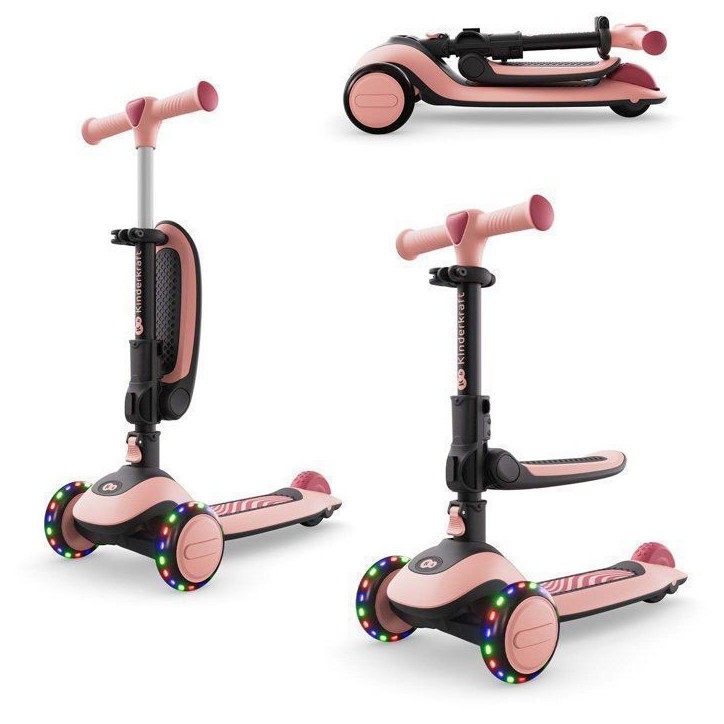 Trottinette Kinderkraft HALLEY 2 2 en 1 avec siege amovible guidon réglable roues LED pliage rapide Rose