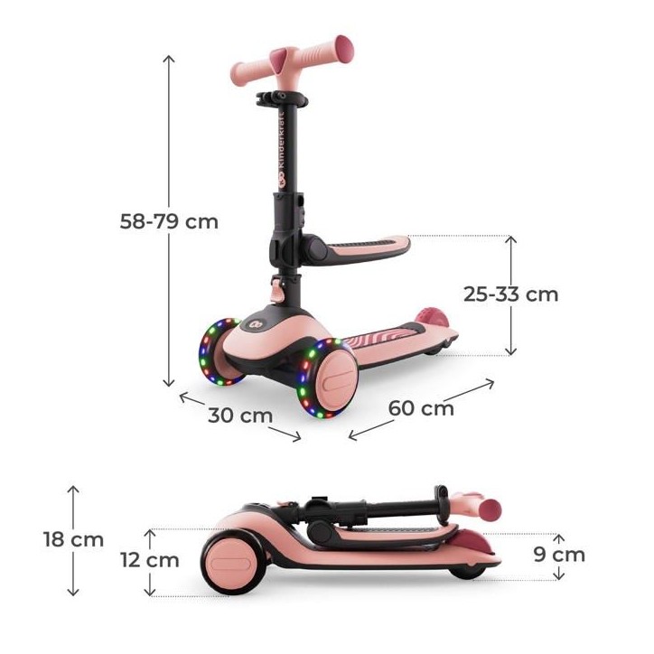 Trottinette Kinderkraft HALLEY 2 2 en 1 avec siege amovible guidon réglable roues LED pliage rapide Rose