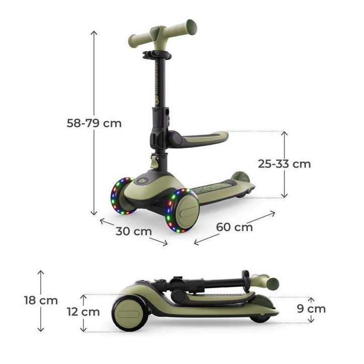 Trottinette Kinderkraft HALLEY 2 2 en 1 direction par inclinaison siege réglable 25-33 cm roues LED Vert