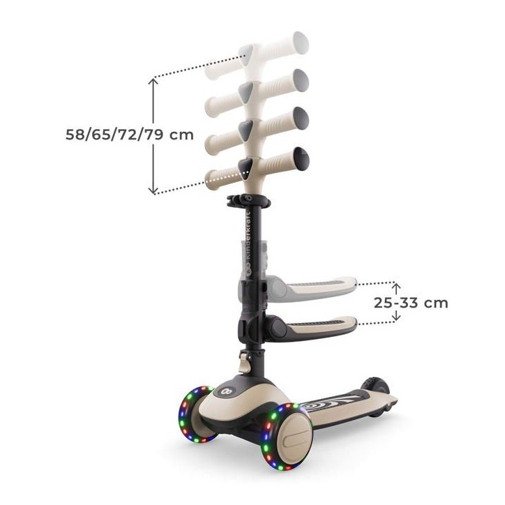 Trottinette Kinderkraft HALLEY 2 2 en 1 avec siege réglable direction par inclinaison roues LED pliable Beige