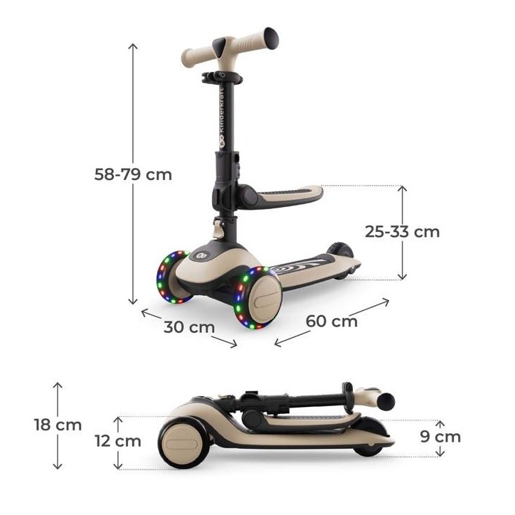 Trottinette Kinderkraft HALLEY 2 2 en 1 avec siege réglable direction par inclinaison roues LED pliable Beige