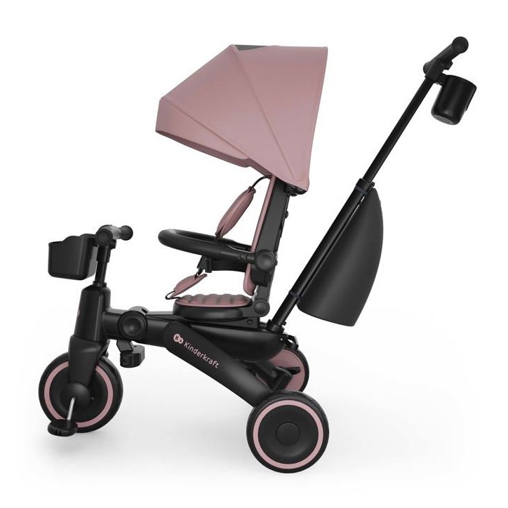 Tricycle Kinderkraft JAZZ 3 pliable évolutif 6 modes siege pivotant inclinable canopy UPF50+ frein double roues Rose