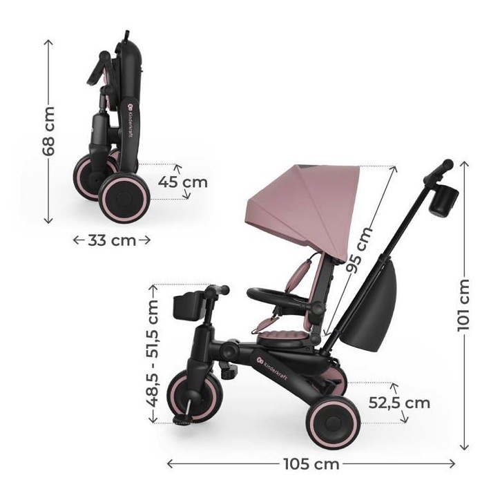 Tricycle Kinderkraft JAZZ 3 pliable évolutif 6 modes siege pivotant inclinable canopy UPF50+ frein double roues Rose