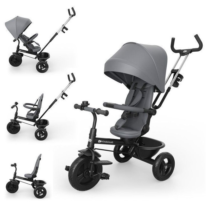 Tricycle Kinderkraft ASTON 2 PLUS évolutif 6 en 1 siege pivotant 360° semi-allongé guidon parental canopy Gris