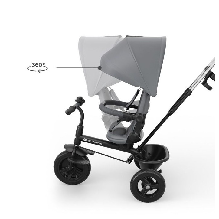 Tricycle Kinderkraft ASTON 2 PLUS évolutif 6 en 1 siege pivotant 360° semi-allongé guidon parental canopy Gris