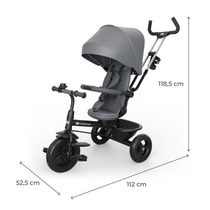 Tricycle Kinderkraft ASTON 2 PLUS évolutif 6 en 1 siege pivotant 360° semi-allongé guidon parental canopy Gris