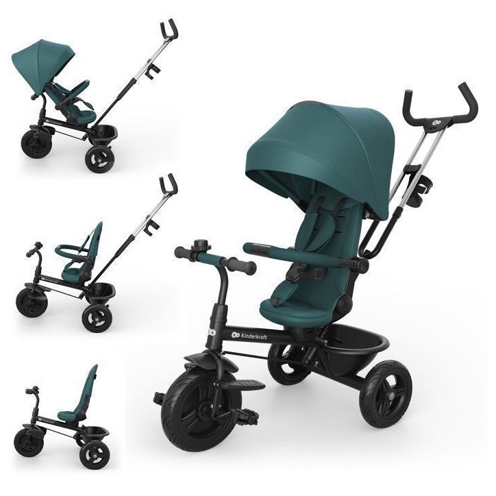 Tricycle Kinderkraft ASTON 2 PLUS avec guidon parental évolutif 6 en 1 siege 360° canopy réglable semi-allongé Vert