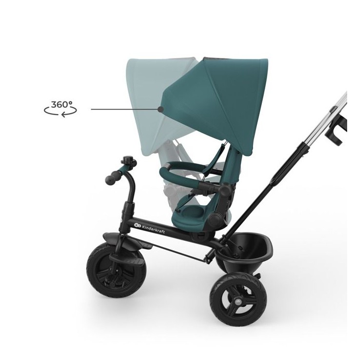 Tricycle Kinderkraft ASTON 2 PLUS avec guidon parental évolutif 6 en 1 siege 360° canopy réglable semi-allongé Vert