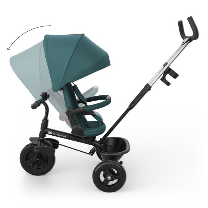 Tricycle Kinderkraft ASTON 2 PLUS avec guidon parental évolutif 6 en 1 siege 360° canopy réglable semi-allongé Vert