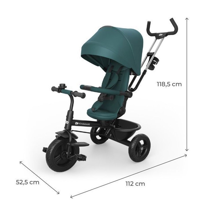 Tricycle Kinderkraft ASTON 2 PLUS avec guidon parental évolutif 6 en 1 siege 360° canopy réglable semi-allongé Vert