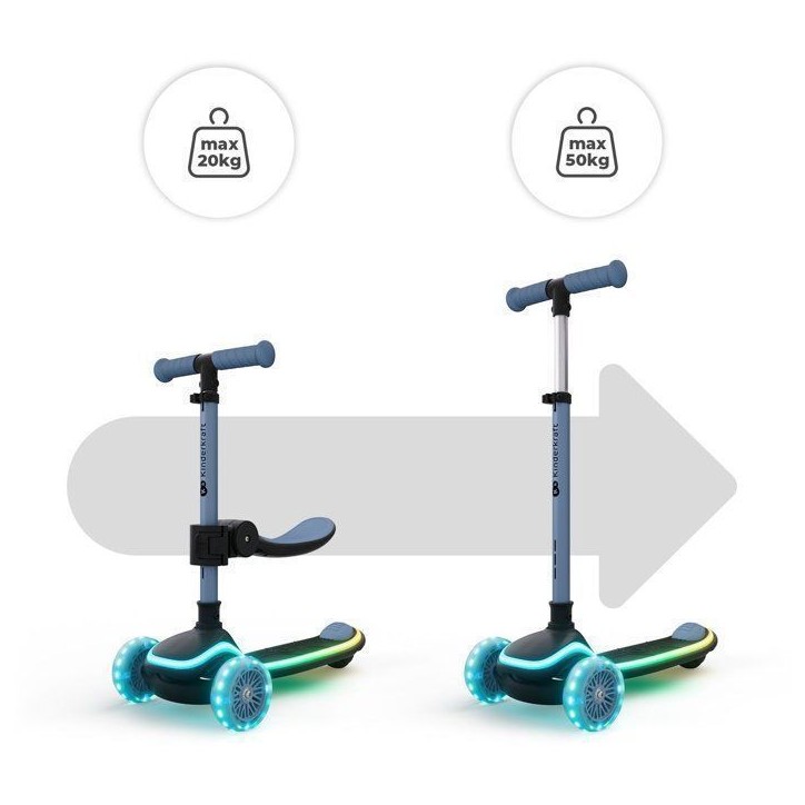 Trottinette Enfant Kinderkraft RAKET UP 2 en 1 avec siege pliable roues LED guidon réglable Bleu Trottinette Enfant Kinderkraft RAKET UP 2 en 1 avec siege pliable roues LED guidon réglable Bleu