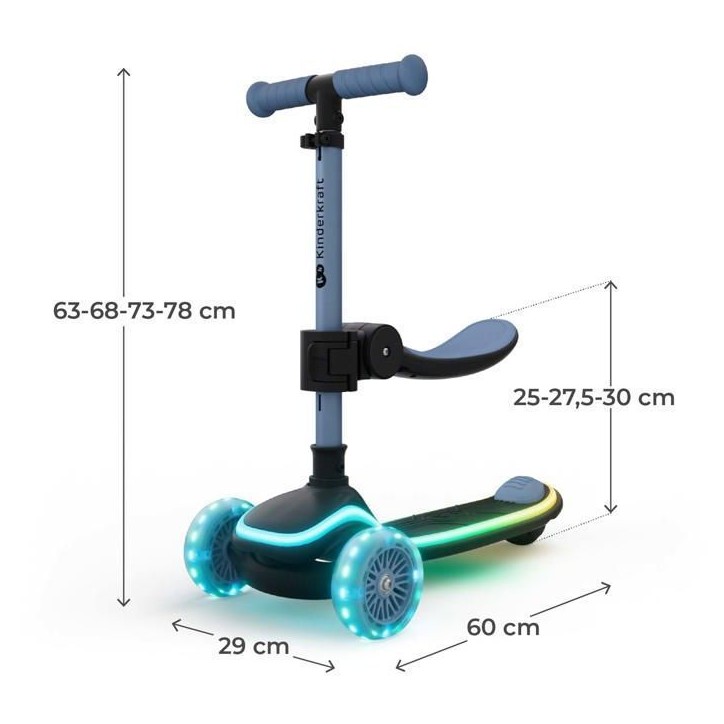 Trottinette Enfant Kinderkraft RAKET UP 2 en 1 avec siege pliable roues LED guidon réglable Bleu Trottinette Enfant Kinderkraft RAKET UP 2 en 1 avec siege pliable roues LED guidon réglable Bleu