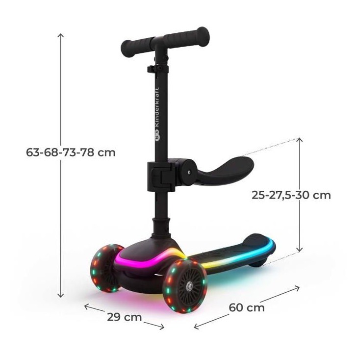 Trottinette 2 en 1 (siege) - KINDERKRAFT - RAKET UP - Siege réglable amovible - Roues LED RGB - Pliable