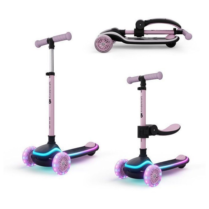 Trottinette Kinderkraft RAKET UP 2 en 1 pliable avec siege réglable roues LED enfant évolutive Rose