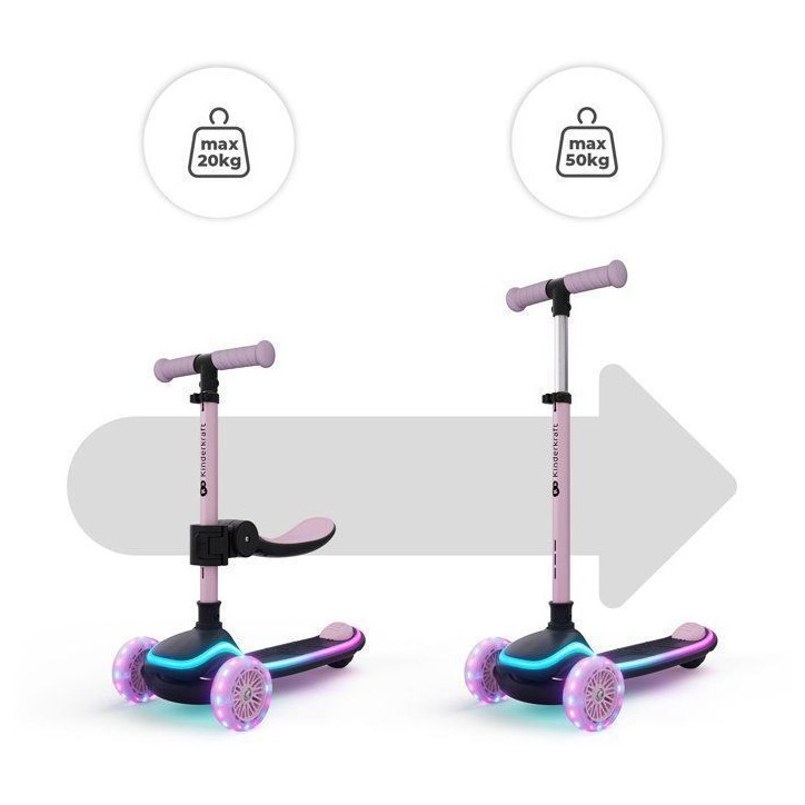 Trottinette Kinderkraft RAKET UP 2 en 1 pliable avec siege réglable roues LED enfant évolutive Rose