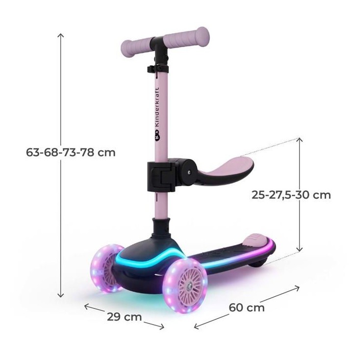 Trottinette Kinderkraft RAKET UP 2 en 1 pliable avec siege réglable roues LED enfant évolutive Rose