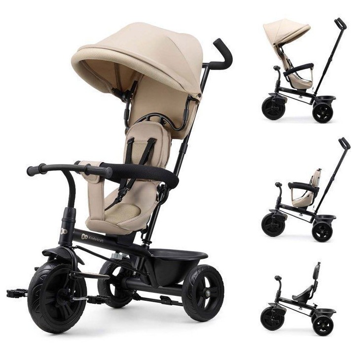 Tricycle Kinderkraft FREEWAY 2 5 en 1 Évolutif Siege Rotatif 360° Poignée Parent Roue Libre Harnais 3 Points Beige