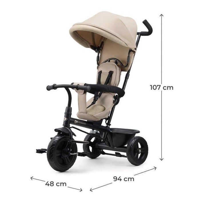 Tricycle Kinderkraft FREEWAY 2 5 en 1 Évolutif Siege Rotatif 360° Poignée Parent Roue Libre Harnais 3 Points Beige