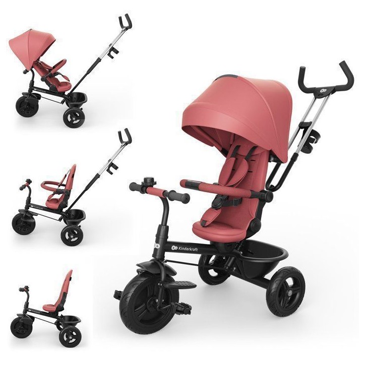 Tricycle Kinderkraft ASTON 2 PLUS évolutif 6 en 1 siege pivotant 360° semi-allongé avec guidon parental canopy Rose