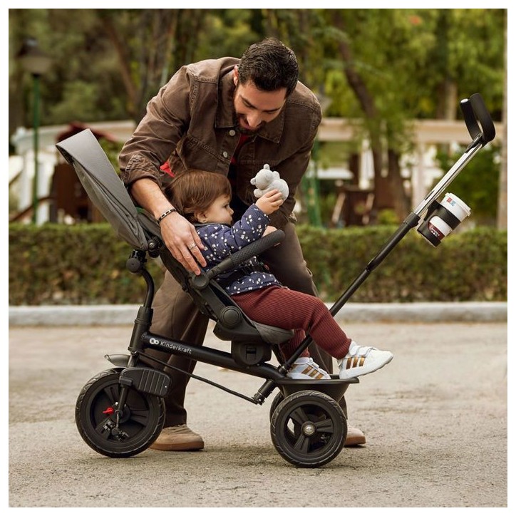 Tricycle Kinderkraft ASTON 2 PLUS évolutif 6 en 1 siege pivotant 360° semi-allongé avec guidon parental canopy Rose