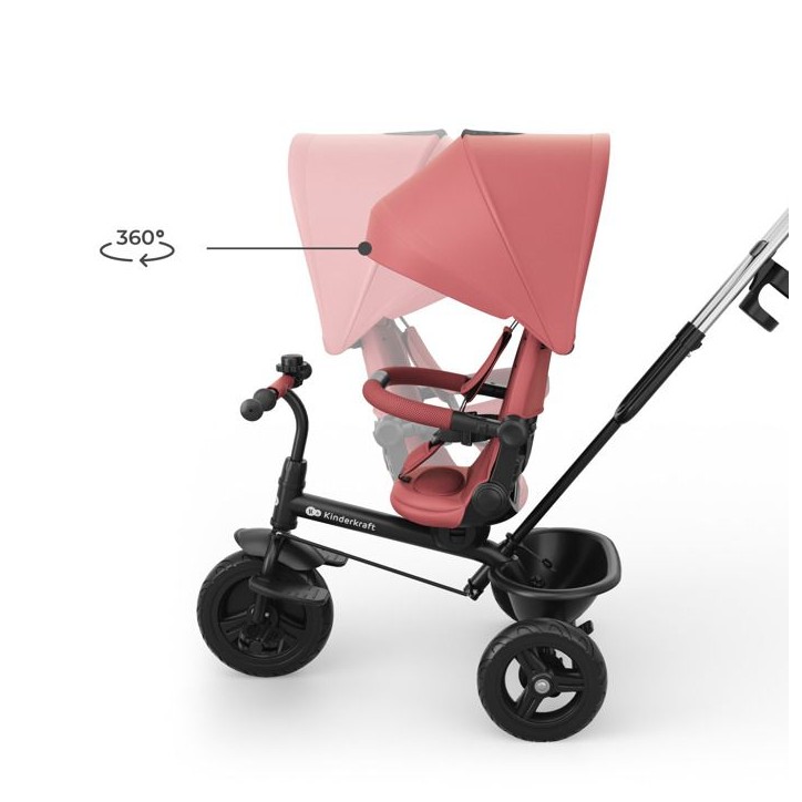 Tricycle Kinderkraft ASTON 2 PLUS évolutif 6 en 1 siege pivotant 360° semi-allongé avec guidon parental canopy Rose