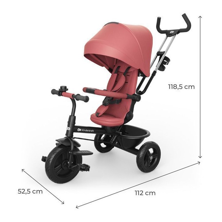 Tricycle Kinderkraft ASTON 2 PLUS évolutif 6 en 1 siege pivotant 360° semi-allongé avec guidon parental canopy Rose
